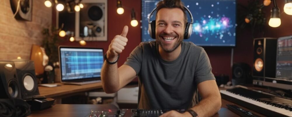  A music producer celebrating after successfully removing vocals from a song