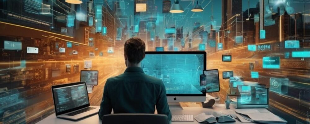 1 Trend blog cover illustration showing trending topics and blogger workspace