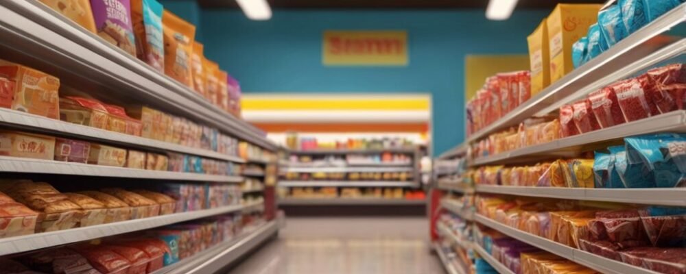 1 Colorful aisle display of protein snacks including bars, popcorn, jerky, and cookies in a modern supermarket