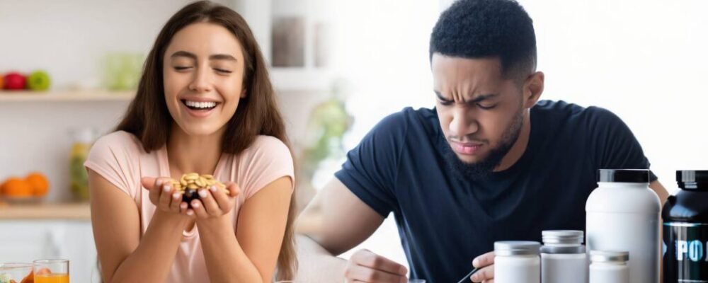 Split image of protein snacks scene: person enjoying mixed protein snacks and another counting protein grams anxiously