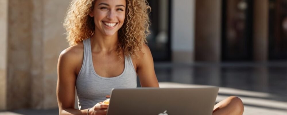 2 Smiling young woman enjoying a protein snacks bar at her desk for sustained energy