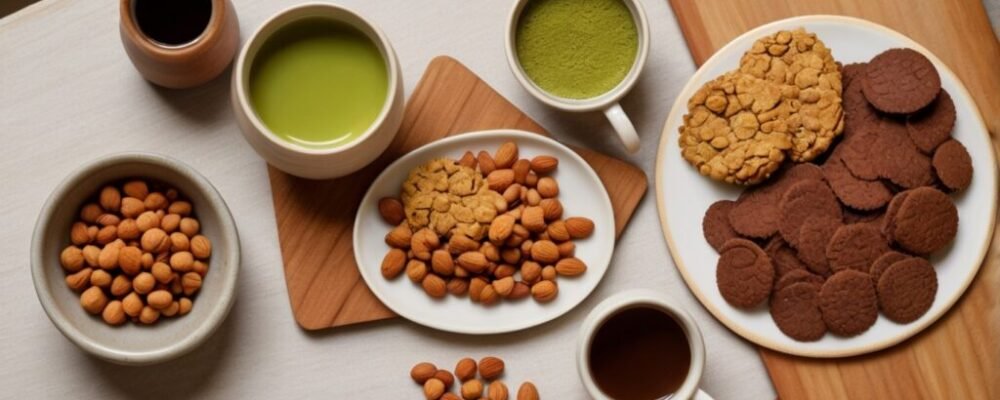 3 Flat lay of protein snacks showing a cookie, spicy chickpea crisps, matcha tea, and chocolate almonds