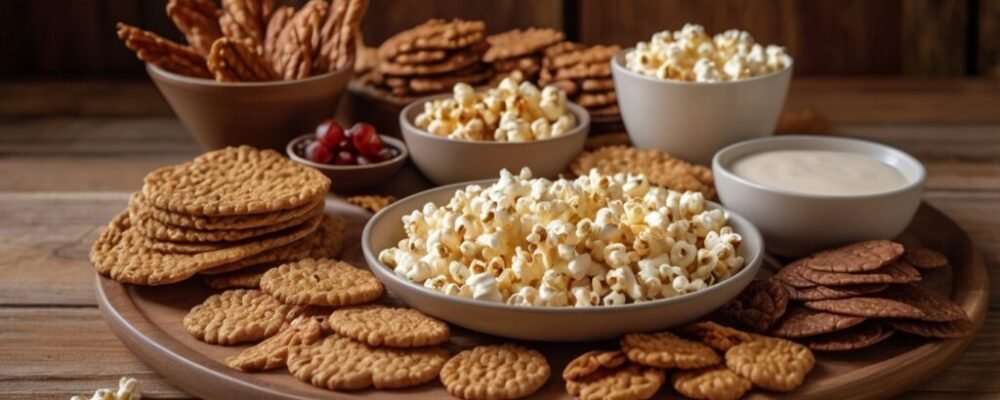 4 Rustic platter featuring protein snacks: popcorn, lentil crisps, oatmeal cookies, and turkey jerky