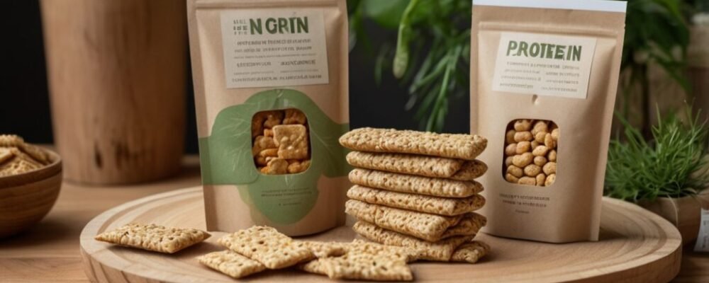 7 “Eco-friendly packaging for protein snacks with recycled paper wrappers and green plants in the background