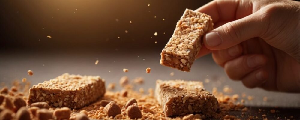 8 Hand breaking a crunchy protein snacks bar over a textured surface with crumbs in midair