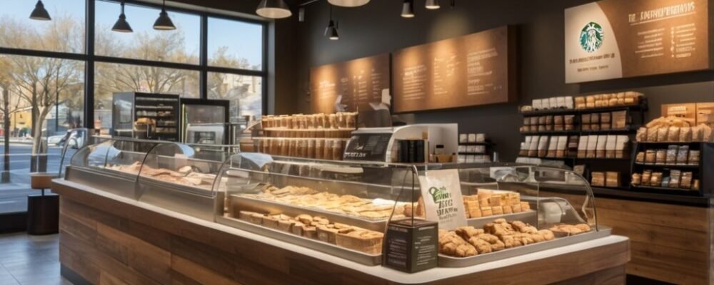 Starbucks counter showcasing protein snacks boxes, smoothies, and protein snacks cookies under café lighting