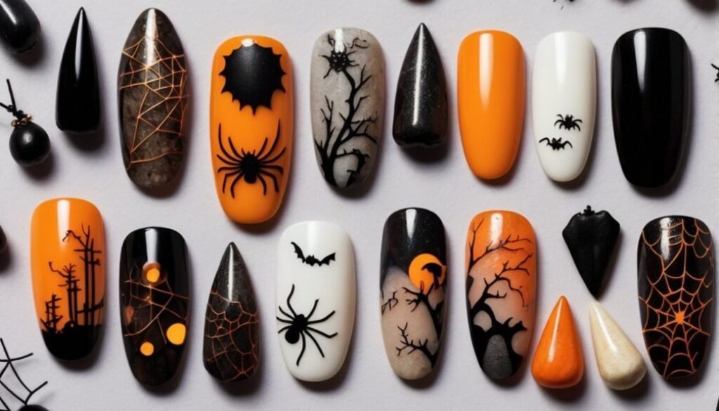 Stylish Halloween nail designs for 2024 with pumpkins, spiderwebs, and ghost nail art on a spooky fall-themed background.