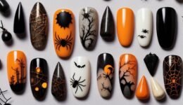Stylish Halloween nail designs for 2024 with pumpkins, spiderwebs, and ghost nail art on a spooky fall-themed background.