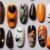 Stylish Halloween nail designs for 2024 with pumpkins, spiderwebs, and ghost nail art on a spooky fall-themed background.