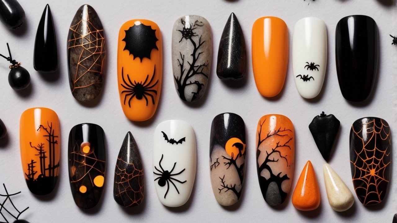 Stylish Halloween nail designs for 2024 with pumpkins, spiderwebs, and ghost nail art on a spooky fall-themed background.