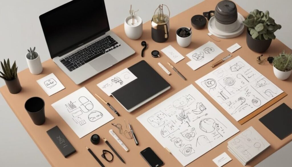 Creative logo ideas and sketches on a designer’s desk for brand inspiration