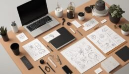 Creative logo ideas and sketches on a designer’s desk for brand inspiration