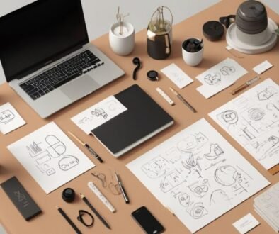 Creative logo ideas and sketches on a designer’s desk for brand inspiration