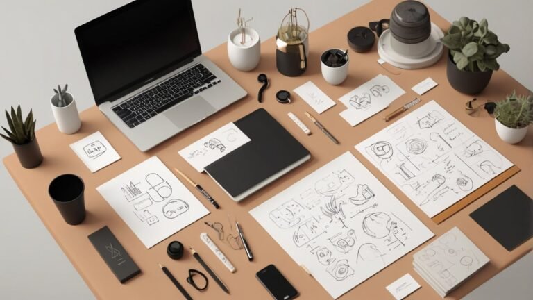 Creative logo ideas and sketches on a designer’s desk for brand inspiration
