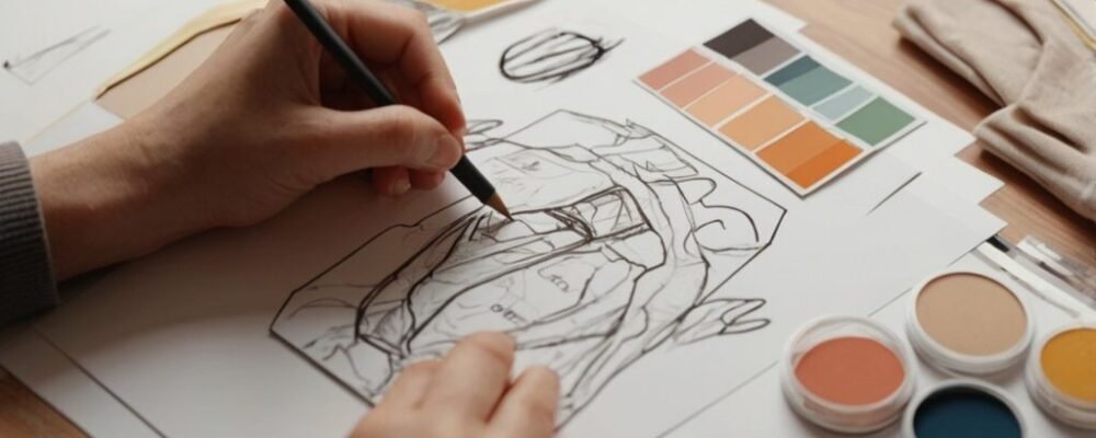 1 Designer sketching logo ideas with mood board and color palette samples