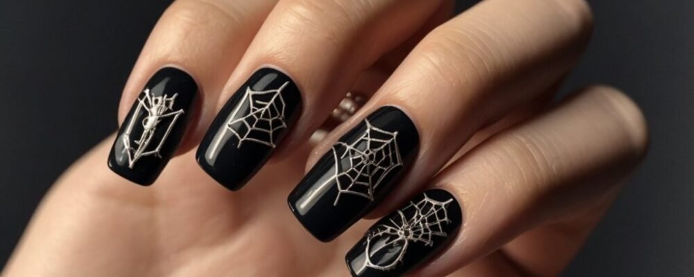 2 Trending Halloween nail designs for 2024 including Ouija boards, black chrome, and minimalist spiderwebs.
