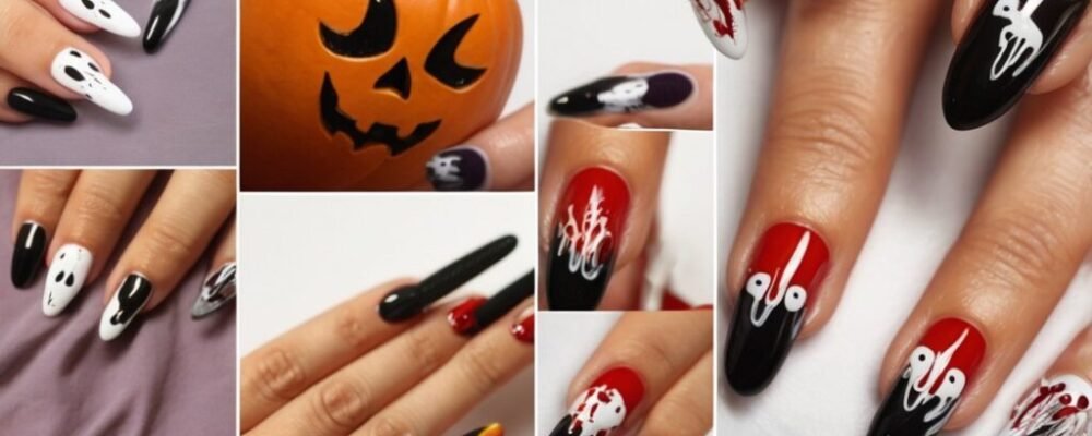3 DIY Halloween nail tutorial showing blood drip and ghost designs with beginner tools.