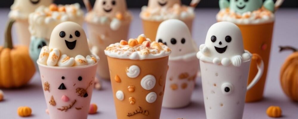 4 Cute Halloween nails in pastel shades featuring smiling pumpkins, ghosts, and candy corn.