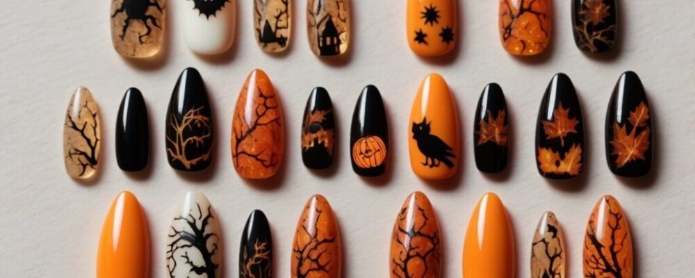 5 Halloween nail art matched with costumes like witch, vampire, and skeleton looks.