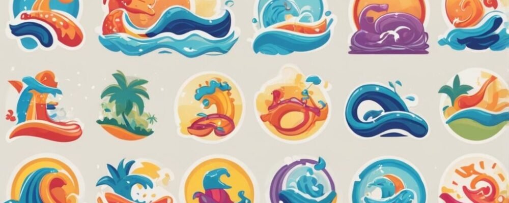 Water park logo ideas with playful water-themed designs and bright colors