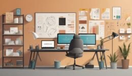 Illustration of a digital brand style guide workspace with design elements like logos, typography, and color palettes