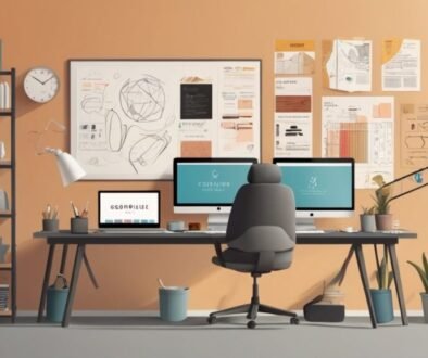 Illustration of a digital brand style guide workspace with design elements like logos, typography, and color palettes