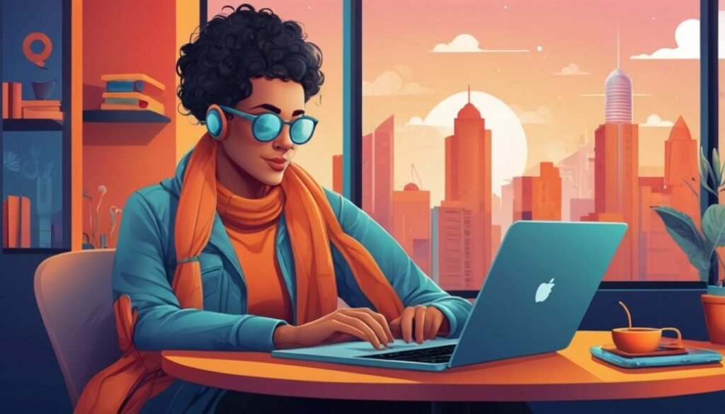 Social media design blog cover showing creative workspace with colorful posts and digital marketing icons
