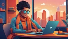 Social media design blog cover showing creative workspace with colorful posts and digital marketing icons