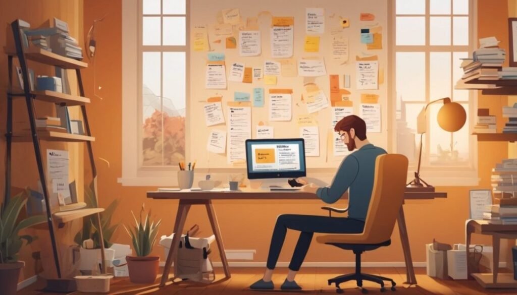 Freelance writer working from home in 2025 with digital tools and cozy workspace