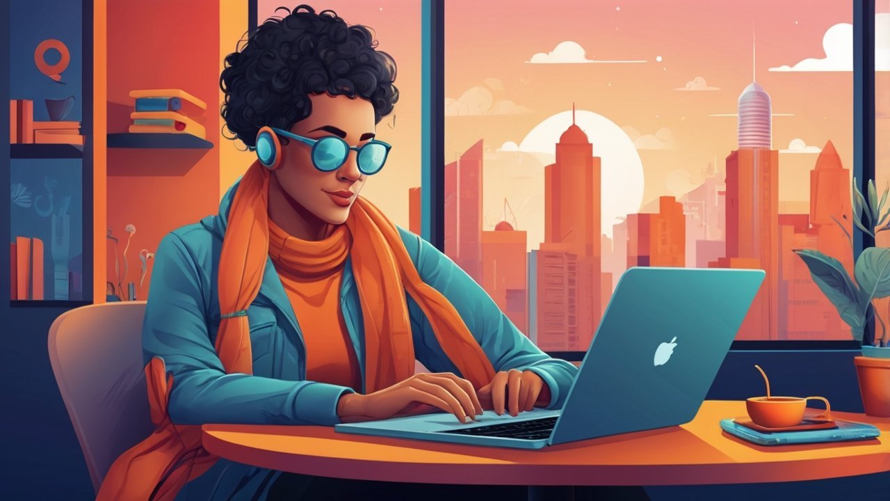 Social media design blog cover showing creative workspace with colorful posts and digital marketing icons