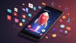 Creative workspace with phone, laptop, and social media post ideas displayed visually