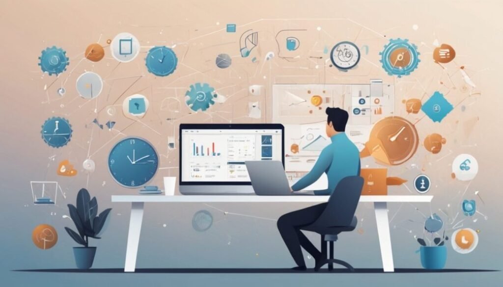 Entrepreneur using AI websites and Fiverr services on laptop