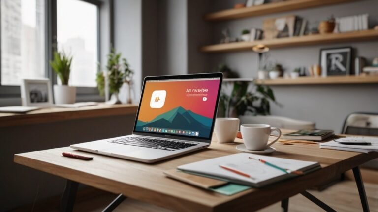 Fiverr logo design review showing workspace and logo mockups on laptop screen