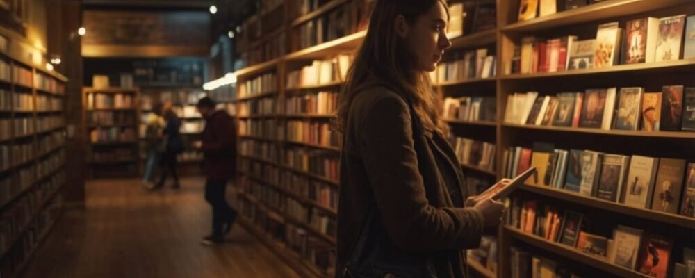 reader choosing book based on cover design